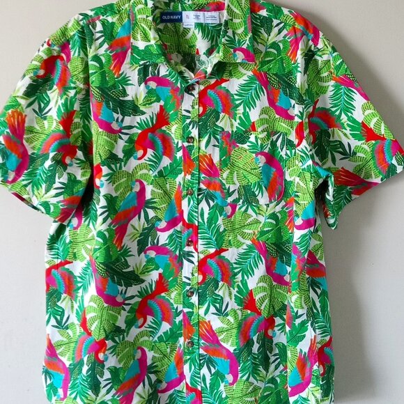 Old Navy XL Everyday Regular Fit Hawaiian Shirt Green Red Button Down Brand NEW - Picture 1 of 4